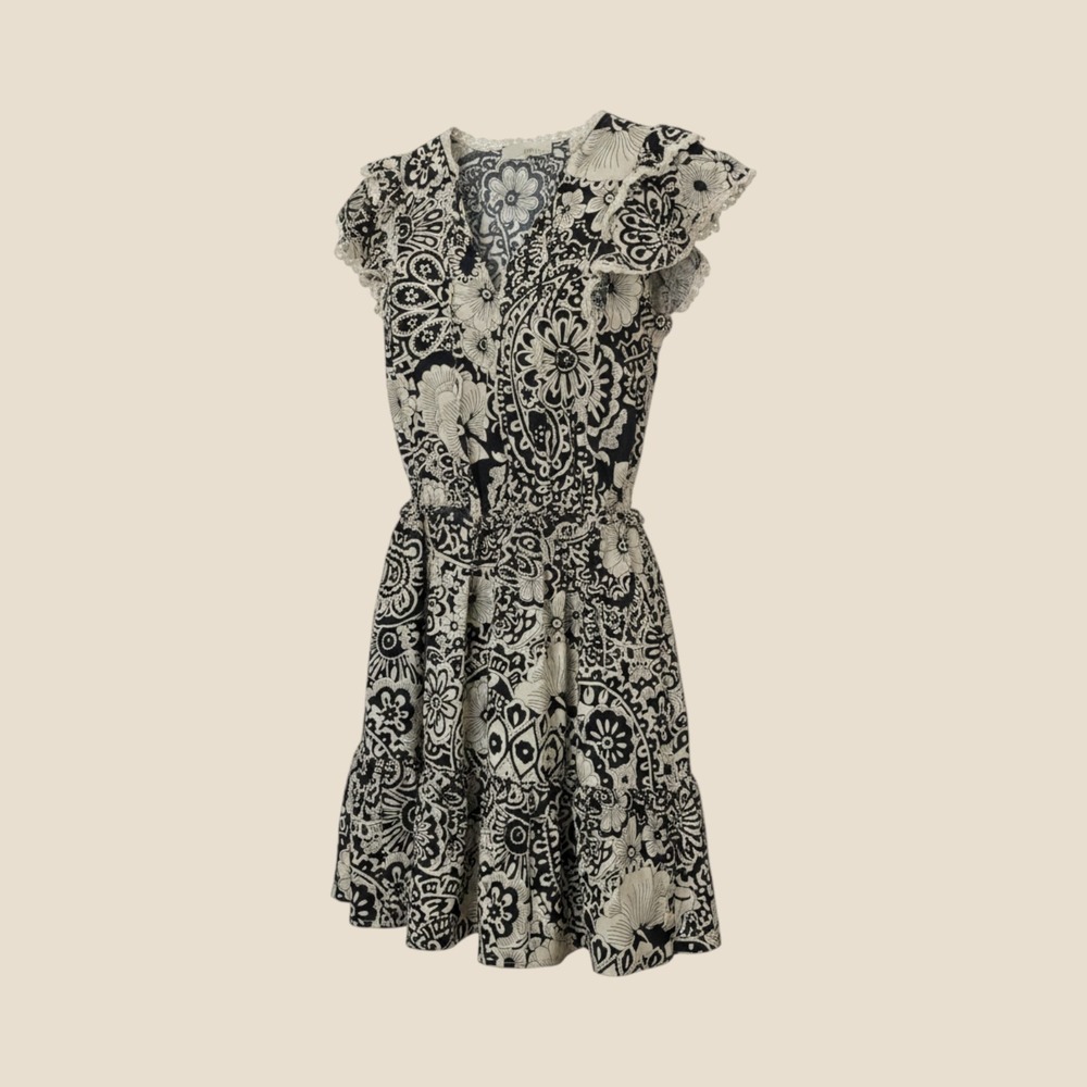 Pinch Blk Crm Floral Paisley Cotton Ruffle Mini Dress Crochet Trim M Euro Summer